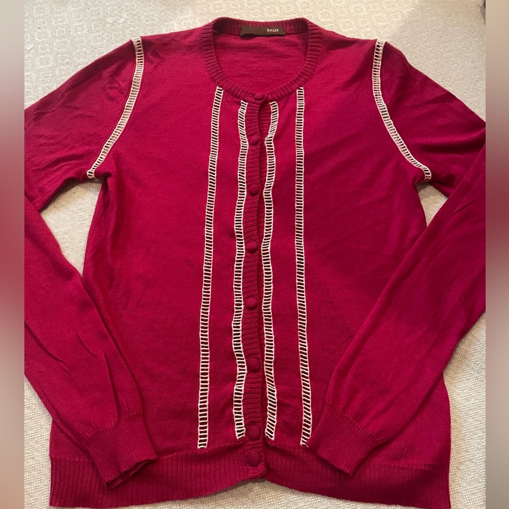 Bally Burgundy Wine Cardigan Cashmere with White Trim